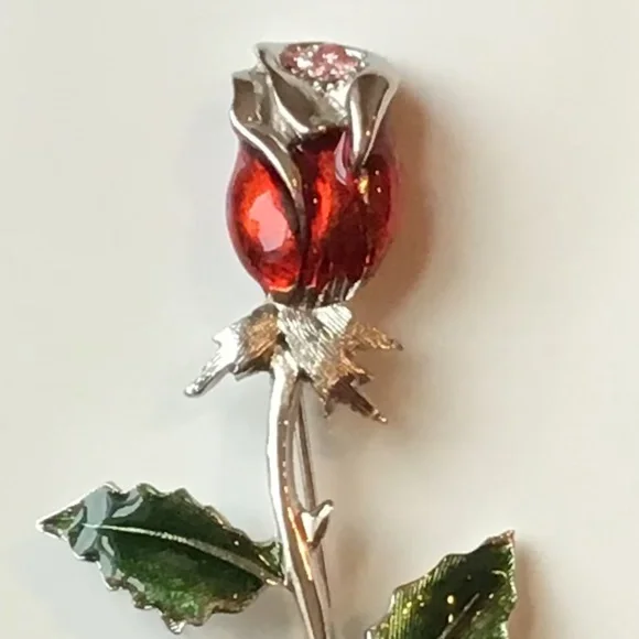 Vintage Enameled Rose Pin Flower Brooch Signed Silver Tone - Picture 2 of 10